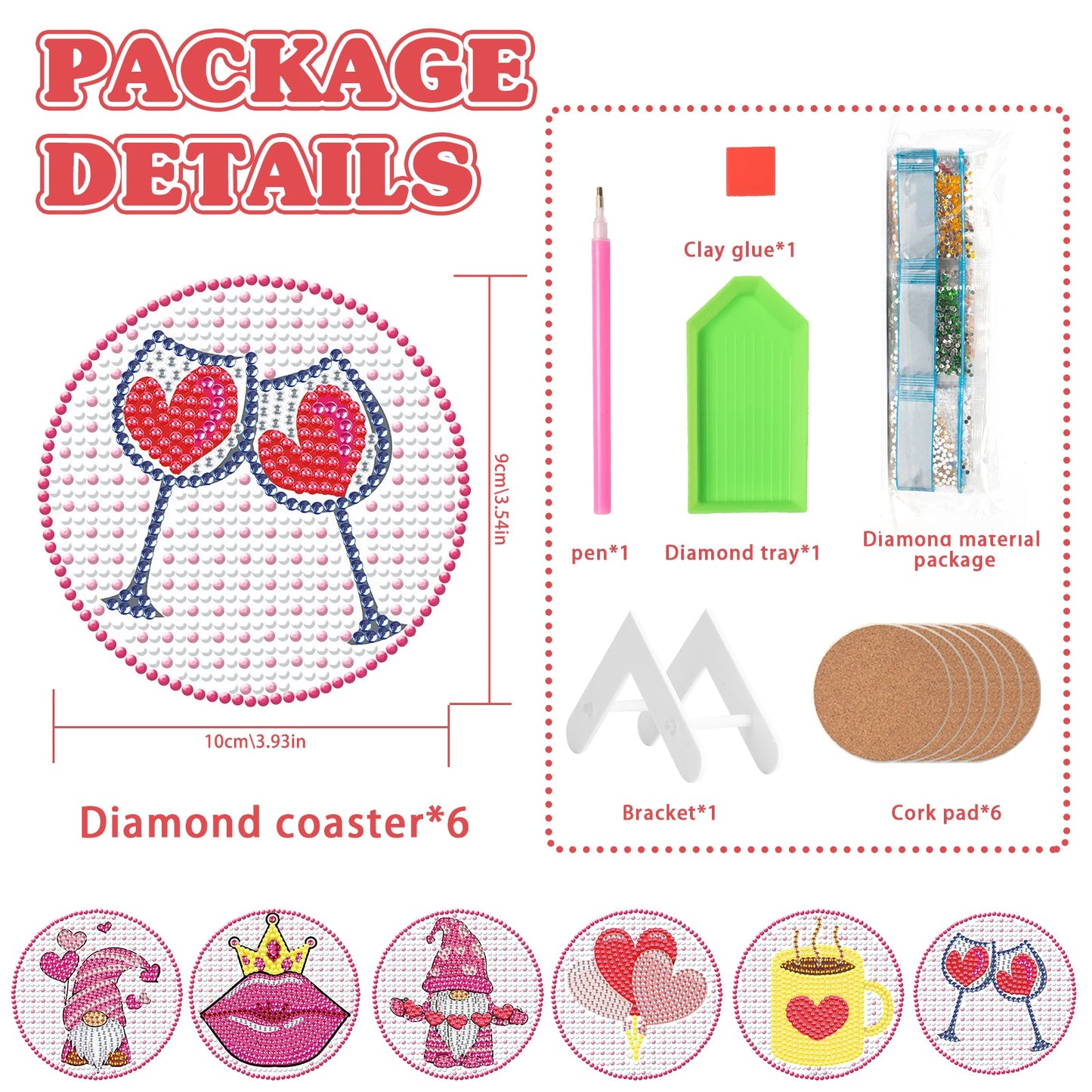 6 pcs set DIY Special Shaped Diamond Painting Coaster | Valentine's Day Gnome