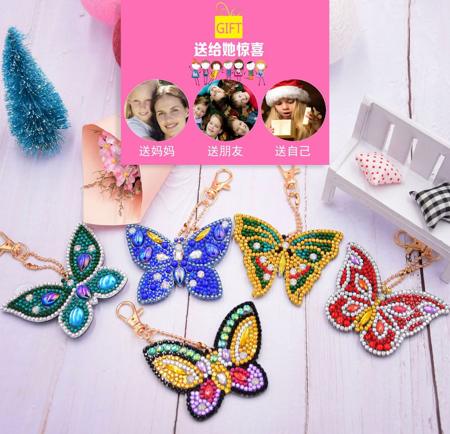 5pcs DIY Butterfly Sets Special Shaped Full Drill Diamond Painting Key Chain with Key Ring Jewelry Gifts for Girl Bags