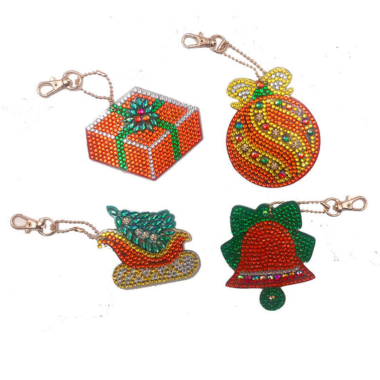 4pcs DIY Christmas Sets Special Shaped Full Drill Diamond Painting Key Chain with Key Ring Jewelry Gifts for Girl Bags