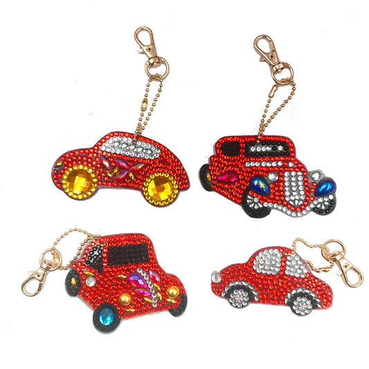 4pcs DIY Car Sets Special Shaped Full Drill Diamond Painting Key Chain with Key Ring Jewelry Gifts for Girl Bags