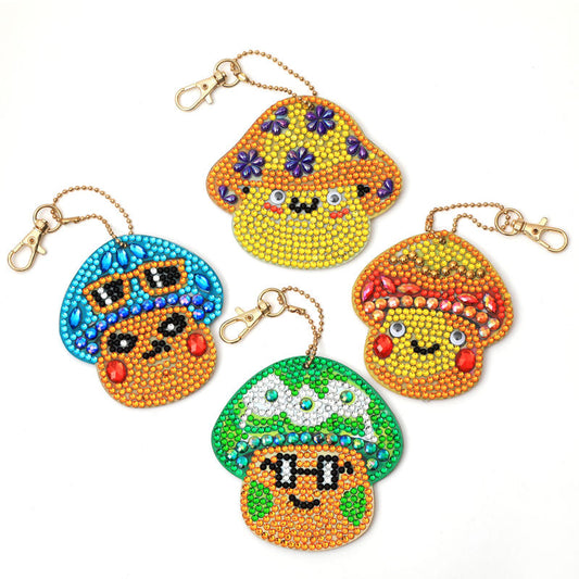 4pcs DIY Mushroom Sets Special Shaped Full Drill Diamond Painting Key Chain with Key Ring Jewelry Gifts for Girl Bags
