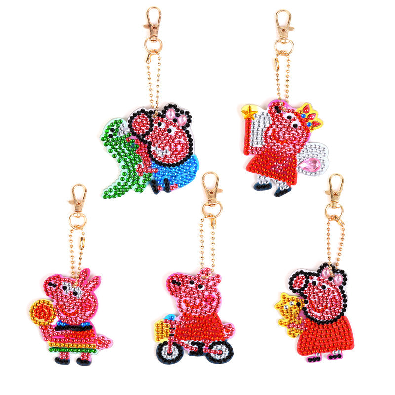 5pcs DIY Pig Sets Special Shaped Full Drill Diamond Painting Key Chain with Key Ring Jewelry Gifts for Girl Bags