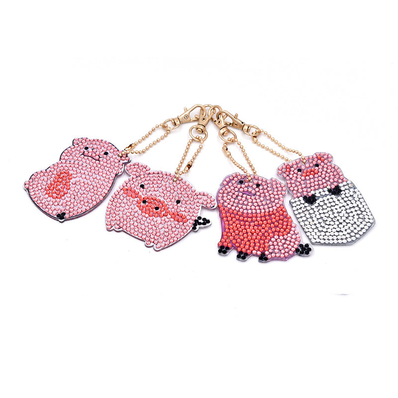 4pcs DIY Little pig Sets Special Shaped Full Drill Diamond Painting Key Chain with Key Ring Jewelry Gifts for Girl Bags