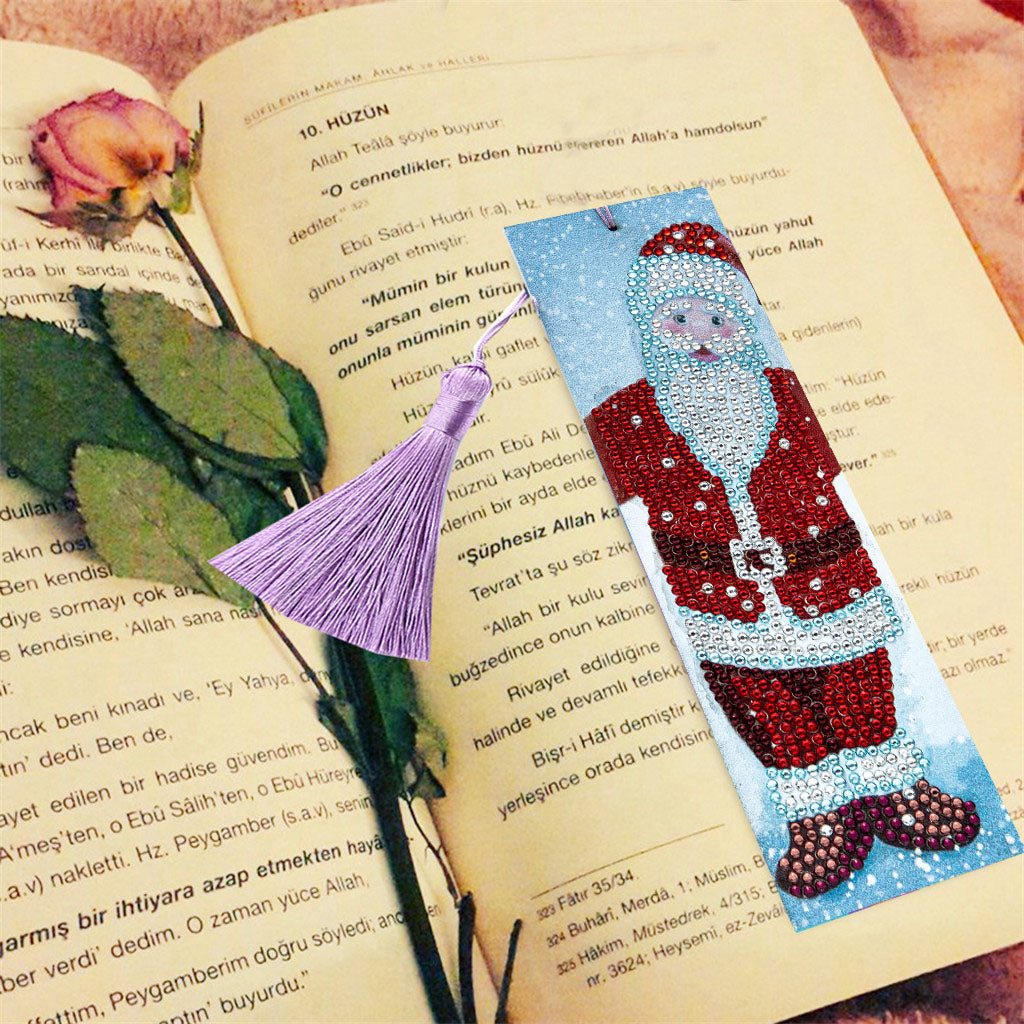 DIY Santa Claus Special Shaped Diamond Painting Leather Bookmark Tassel