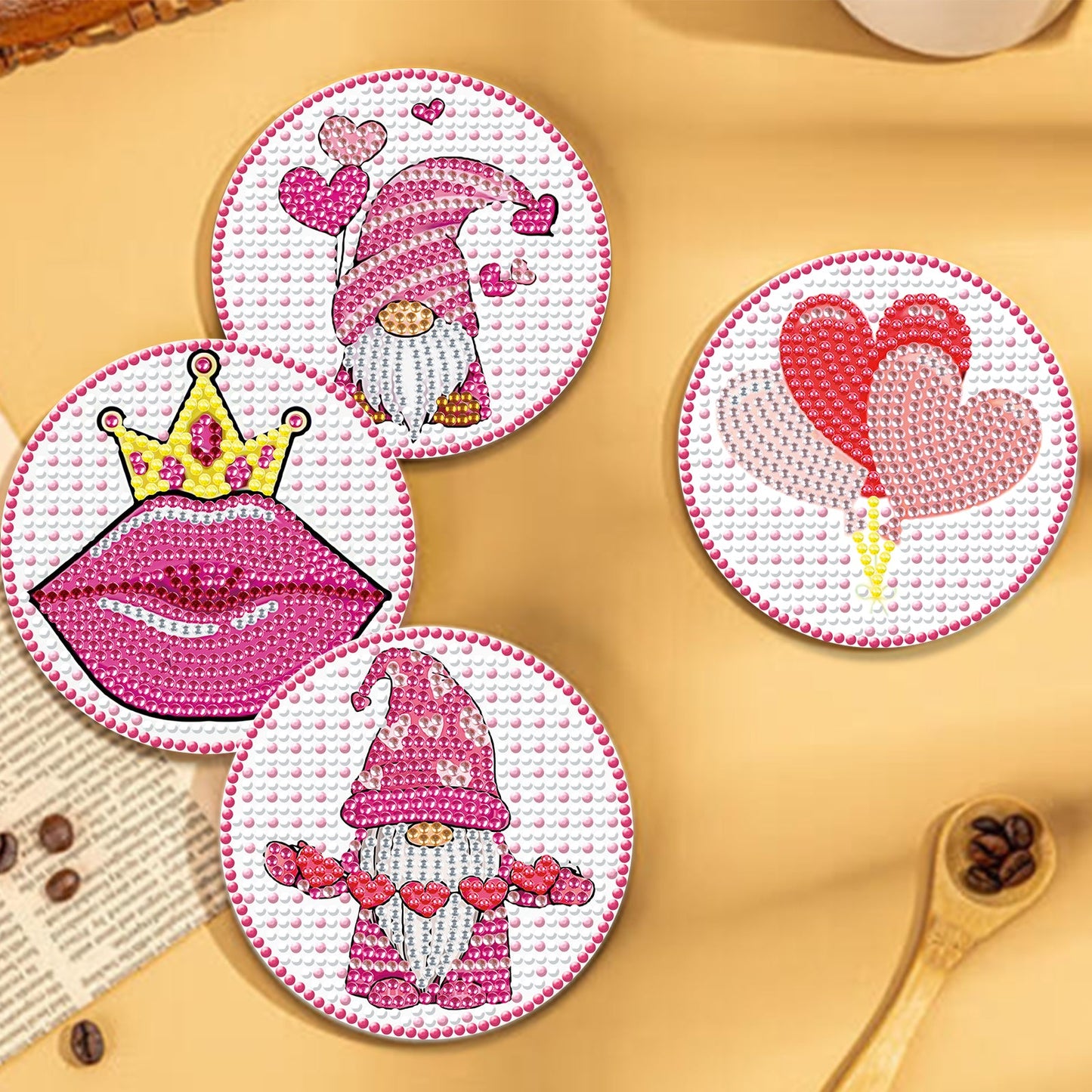 6 pcs set DIY Special Shaped Diamond Painting Coaster | Valentine's Day Gnome
