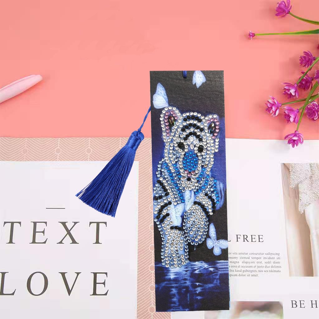 DIY White Tiger Special Shaped Diamond Painting Leather Bookmark with Tassel