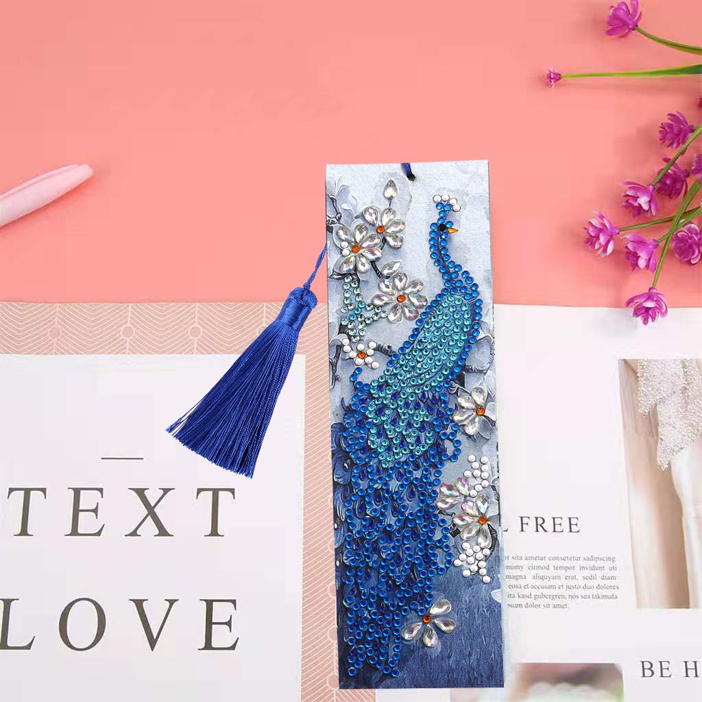 DIY Peacock Special Shaped Diamond Painting Leather Bookmark with Tassel