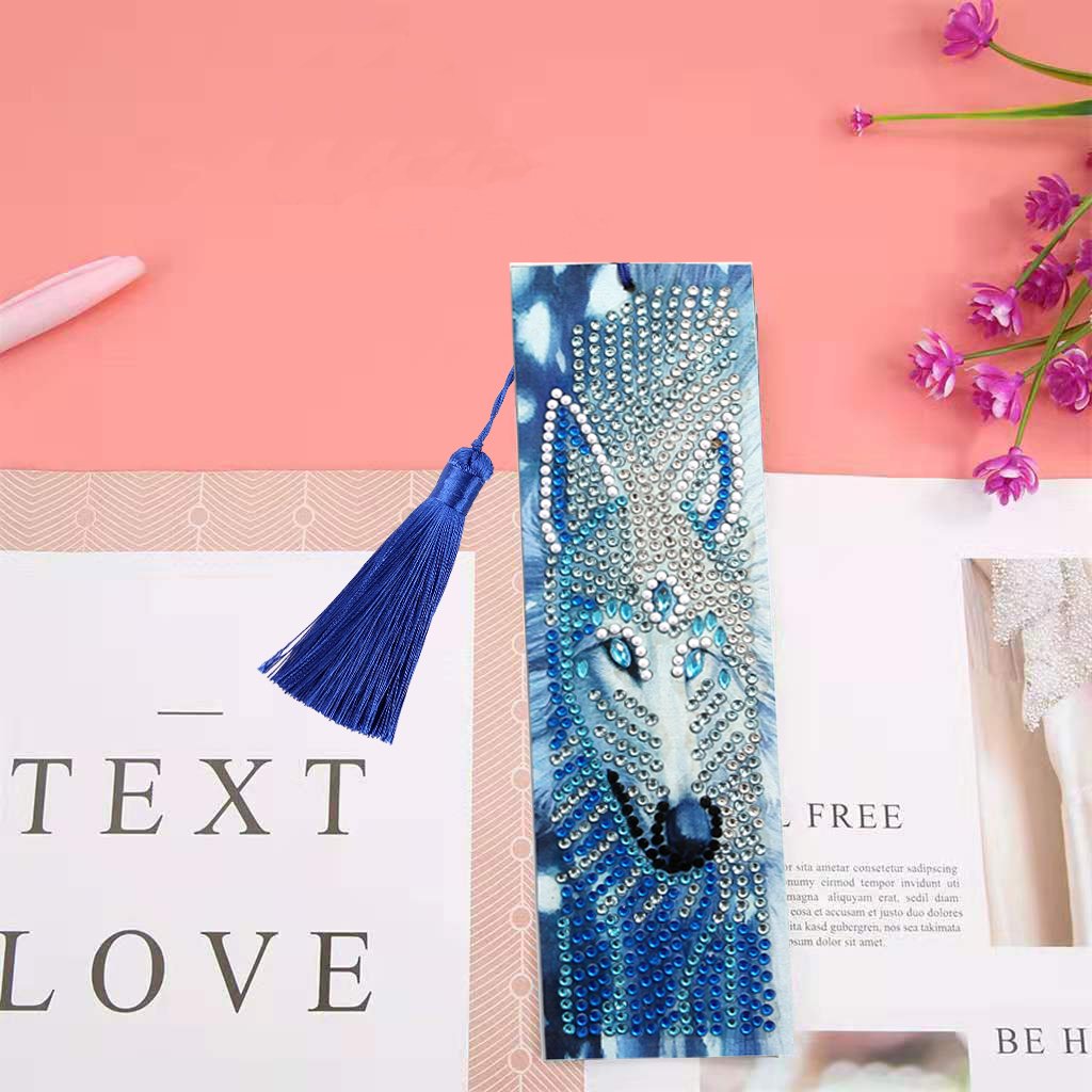 DIY Wolf Special Shaped Diamond Painting Leather Bookmark with Tassel