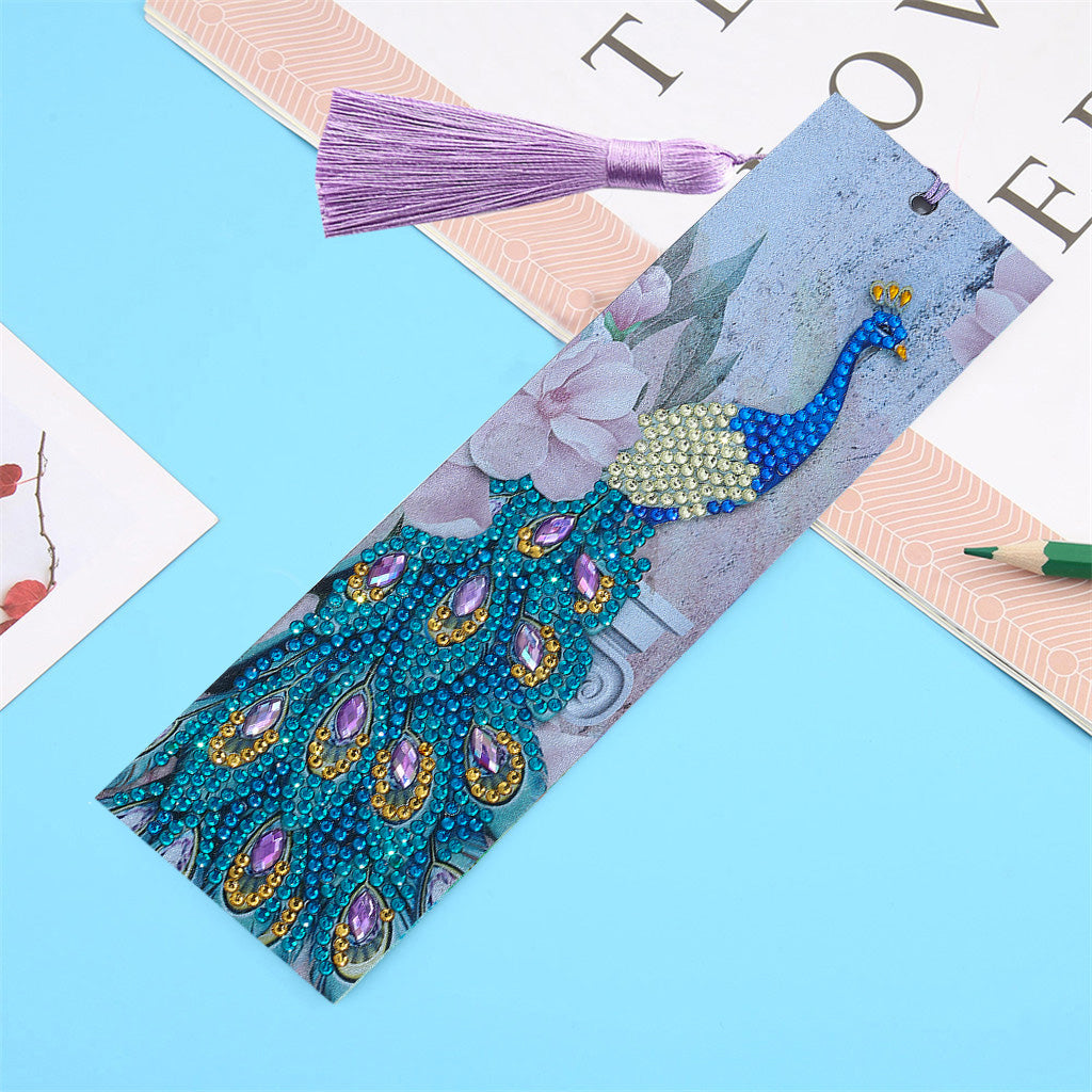 DIY peacock Special Shaped Diamond Painting Leather Bookmark Tassel
