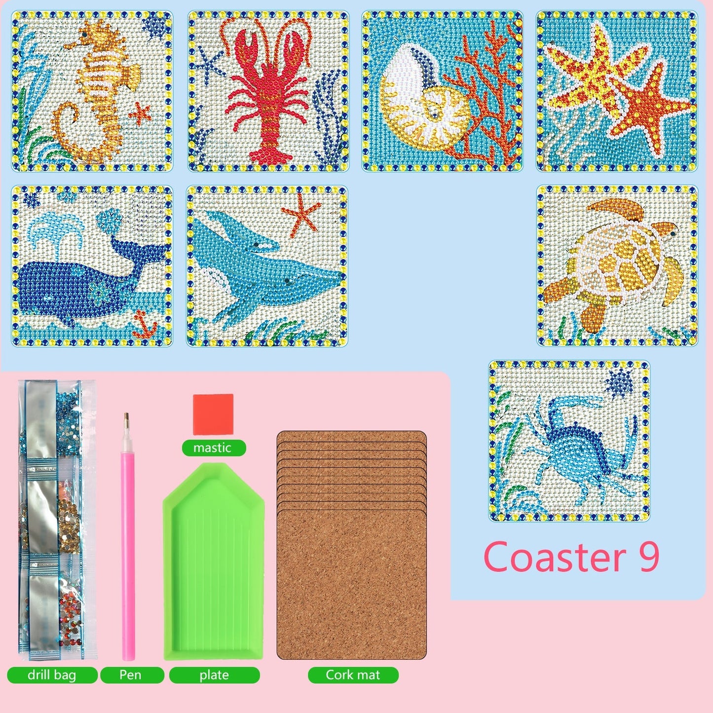 9 pcs set DIY Special Shaped Diamond Painting Coaster | Ocean