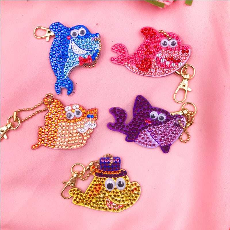 5pcs DIY Shark Sets Special Shaped Full Drill Diamond Painting Key Chain with Key Ring Jewelry Gifts for Girl Bags