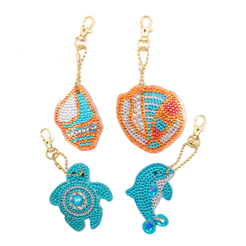 4pcs DIY Sea turtle Sets Special Shaped Full Drill Diamond Painting Key Chain with Key Ring Jewelry Gifts for Girl Bags