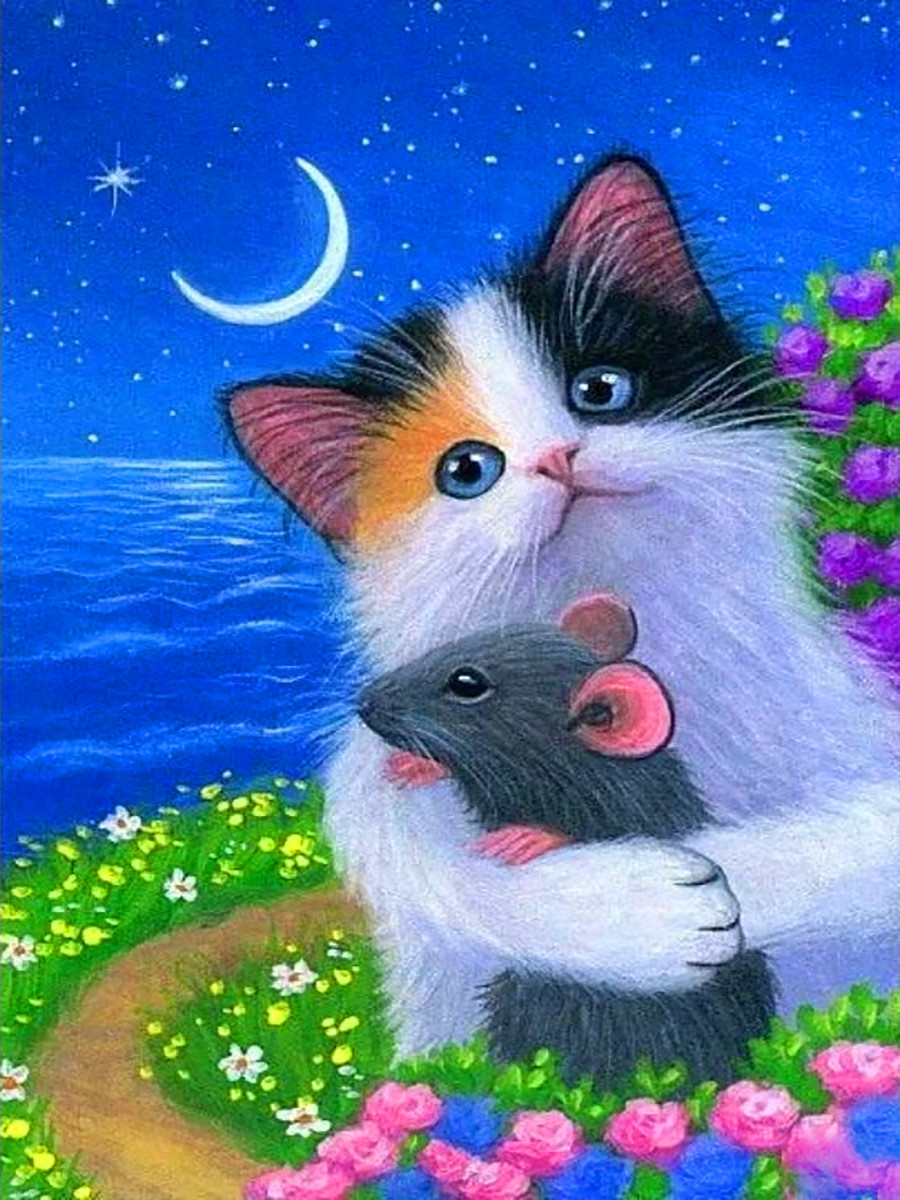Cat hug mouse | Full Round Diamond Painting Kits
