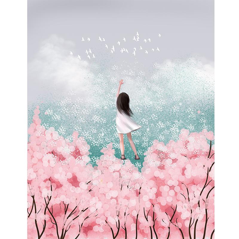 Pink Flowers And Girl  | Full Round Diamond Painting Kits